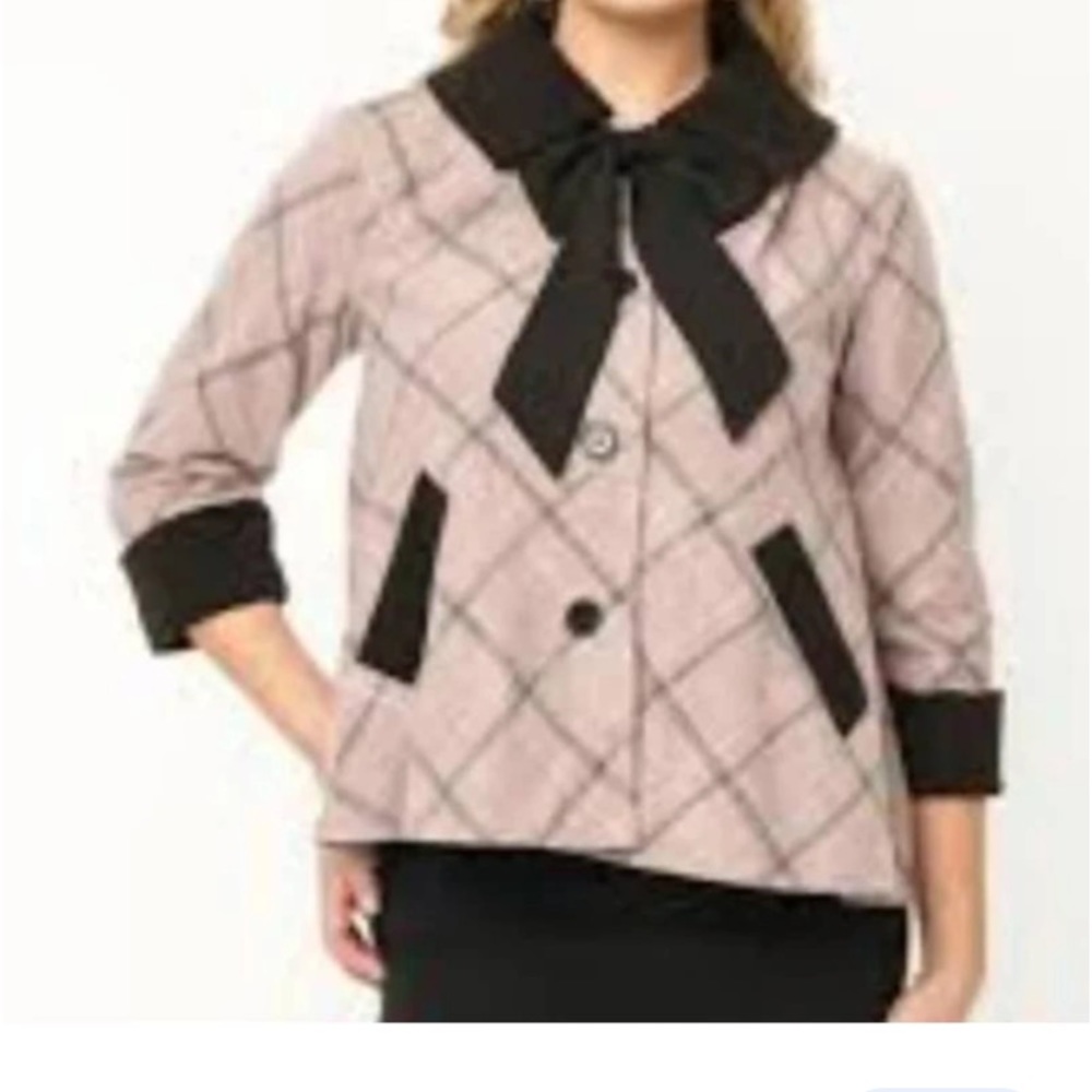 UNIQUE VINTAGE women pink & black plaid button jacket, NWT, black suede contrast